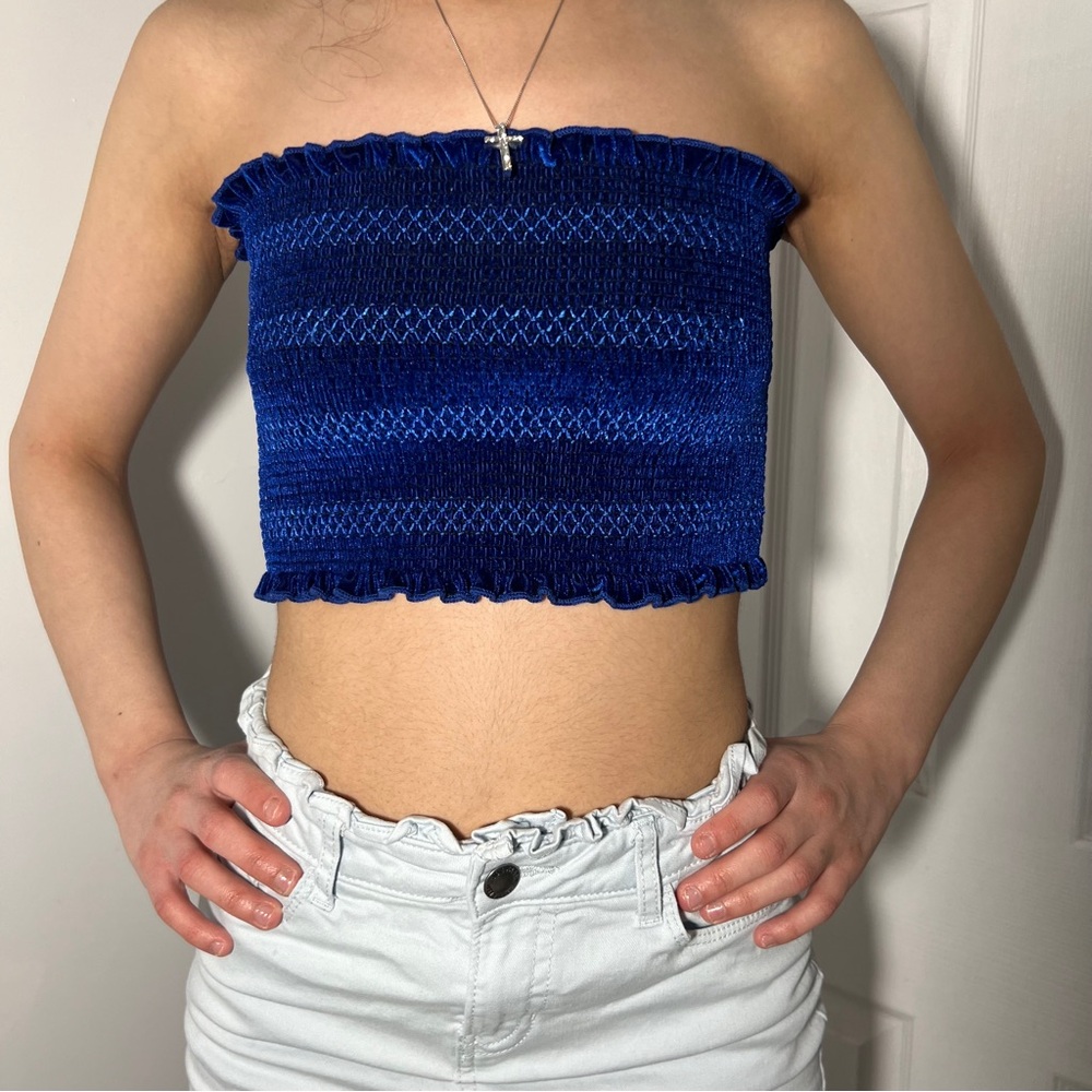 Silence + Noise Blue Ribbed Crop Top